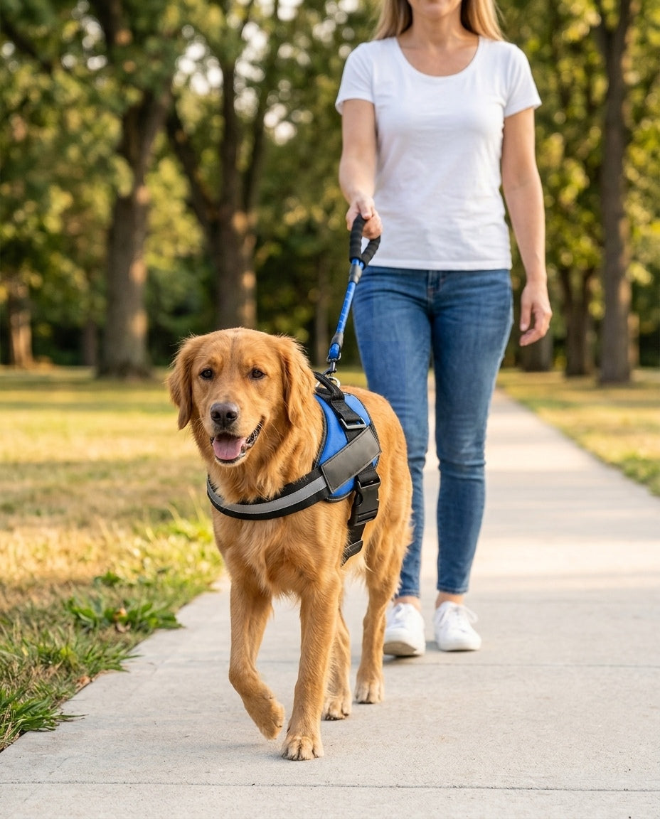 Blue nylon dog harness vest with leash attachment