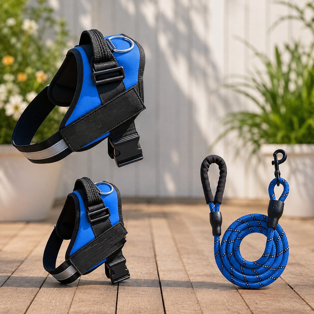 Close view of blue dog harness vest for walking