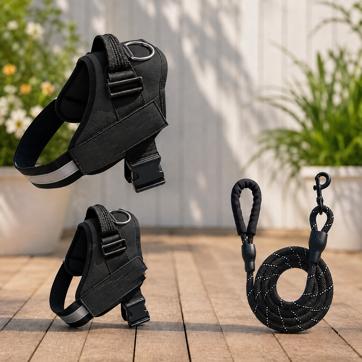 Dog wearing black vest harness while walking on a leash