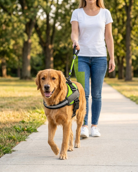 Dog wearing green vest harness while walking on a leash