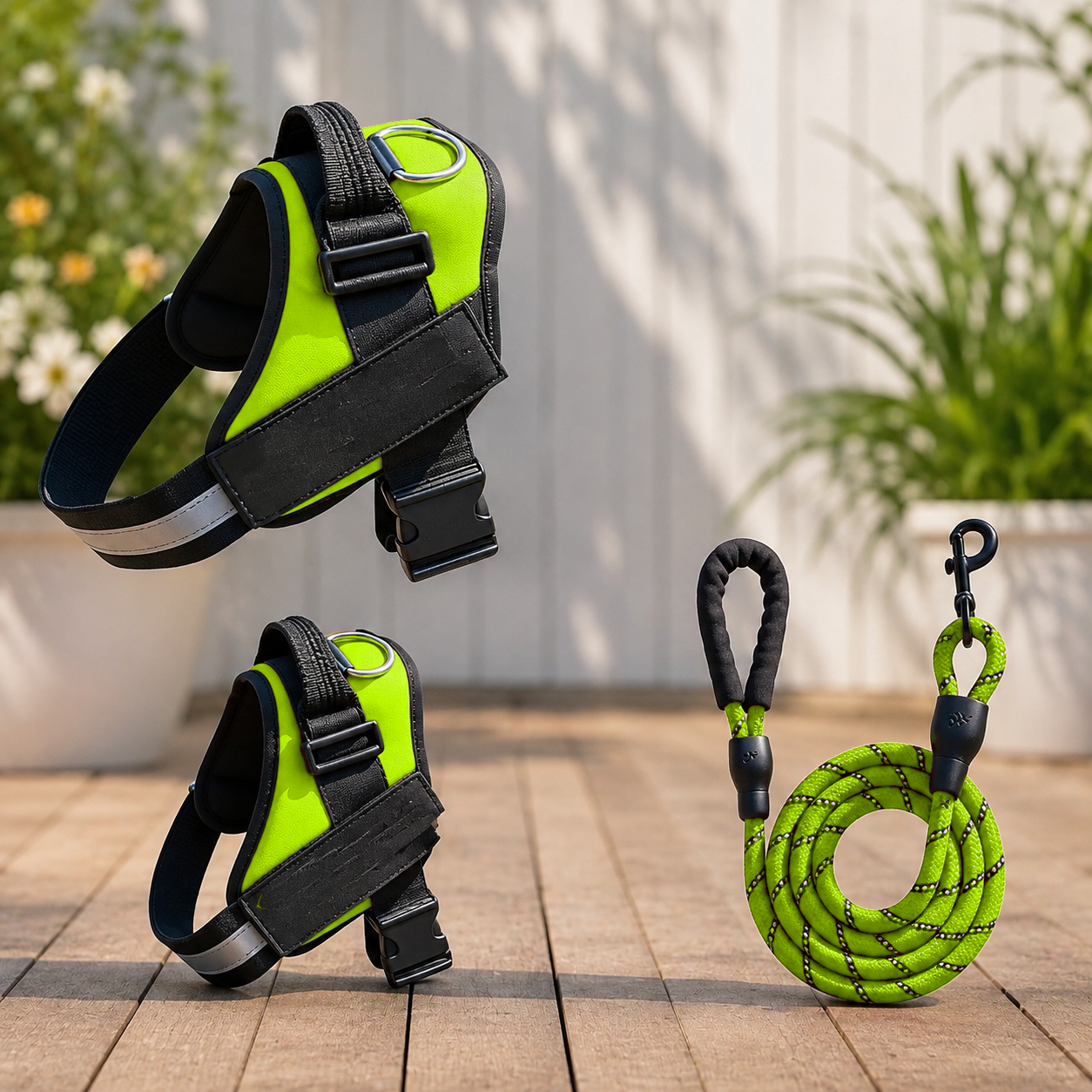 Dog wearing green harness vest during an outdoor walk