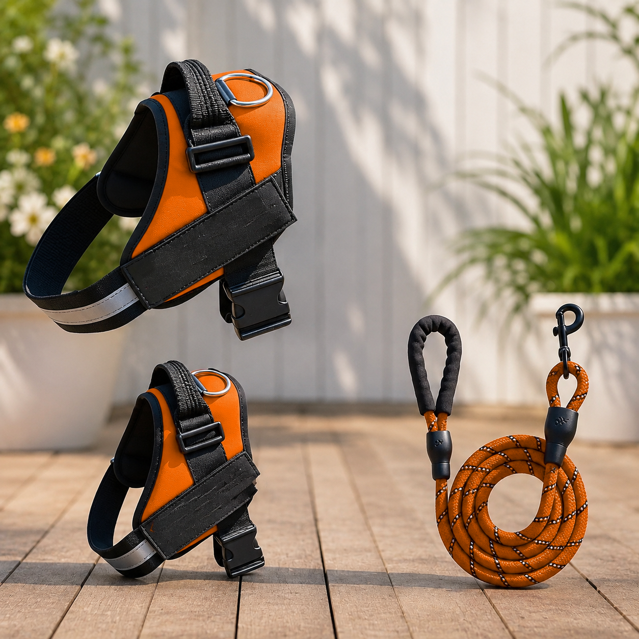 Orange nylon dog harness vest with leash attachment