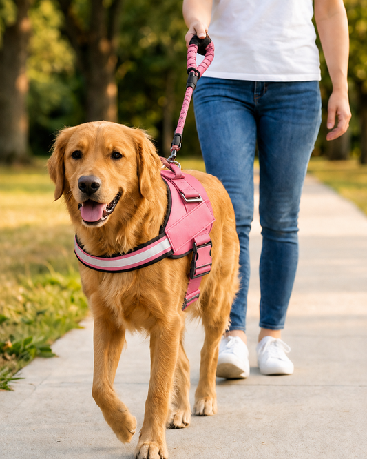 Pink nylon dog harness vest with leash attachment